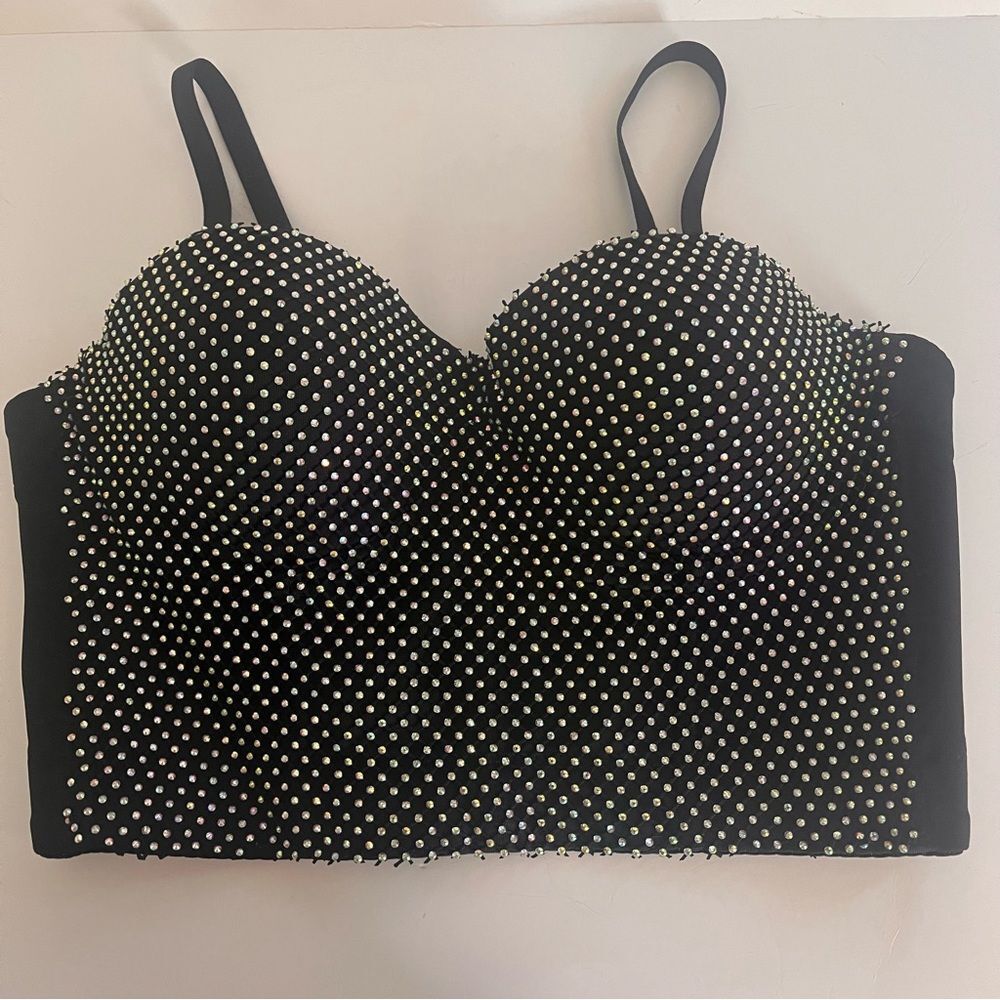 Da Veamor Black Rhinestone Embellished Party Bustier Top - Size Medium - NWT